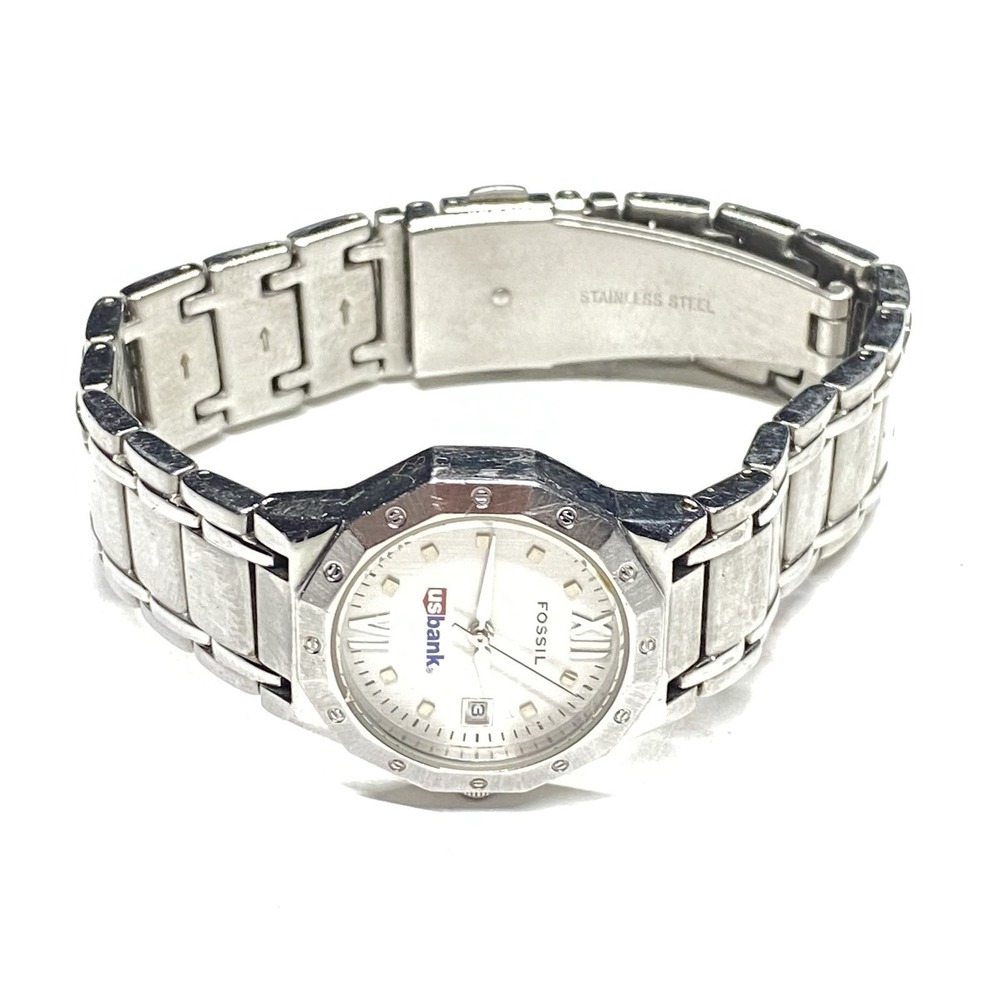 Fossil PR5313 Wrist Watch Silver Tone US Bank Logo Gift Needs Battery